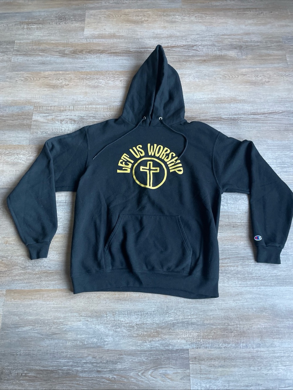 Let Us Worship Hoodie Christian Cross Large Champion